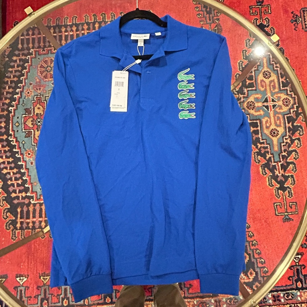 Lacoste Men's Blue Long-Sleeve Polo with Green Crocodile Patch